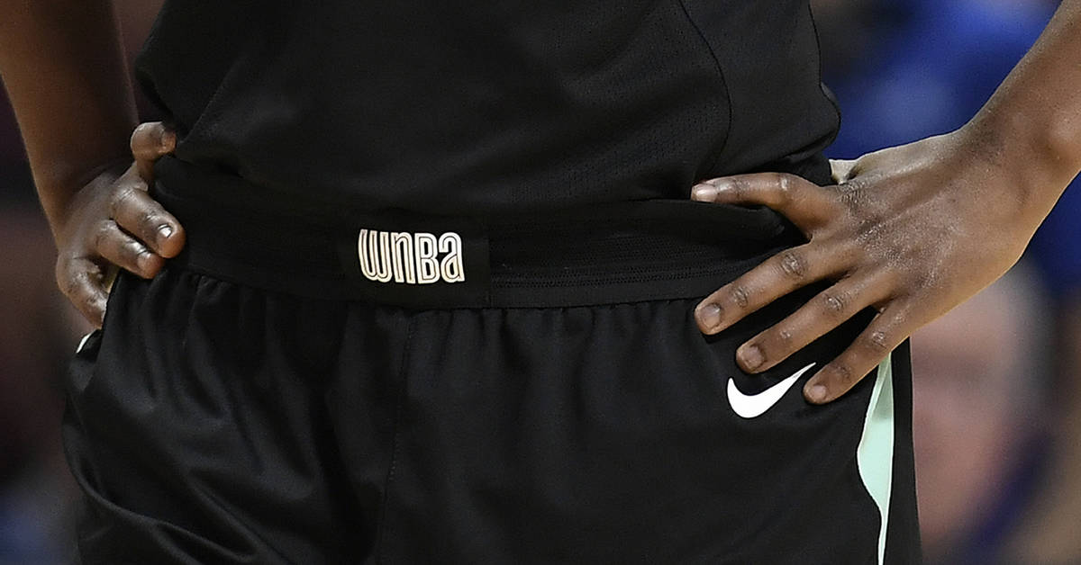 A WNBA logo is seen on the waistband of New York Liberty's Sugar Rodgers during a preseason WNB ...