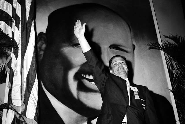 In this Sept. 30, 1957 photo, Jimmy Hoffa waves to delegates at the opening of the Teamsters Un ...