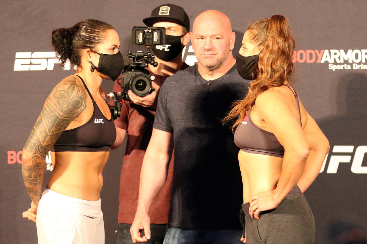 UFC women's featherweight champion Amanda Nunes, left, faces off with Felicia Spencer as UFC p ...