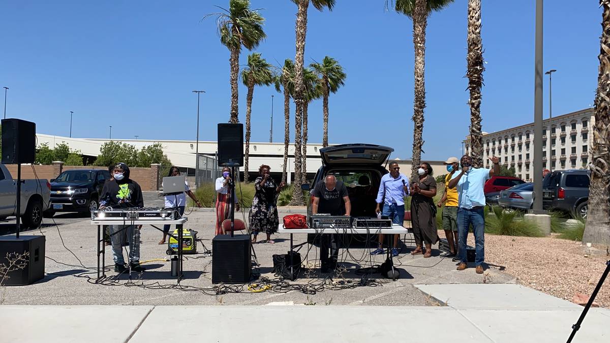 A station for speakers and music set up in the Texas Station Casino parking lot before the para ...