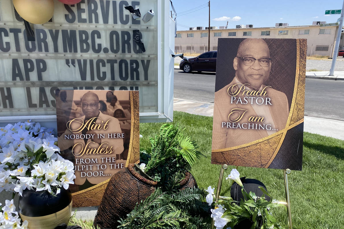 Posters of Las Vegas pastor Robert Fowler for a memorial in front of Victory Missionary Baptist ...