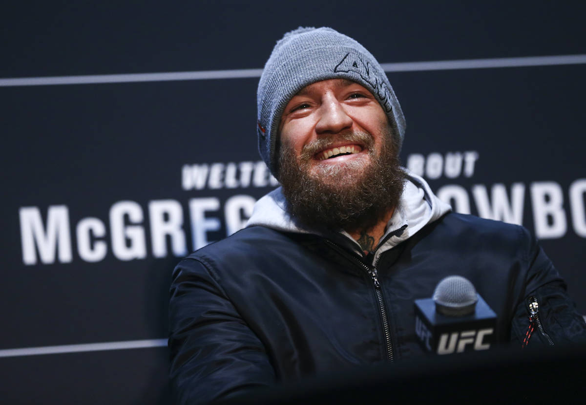 Conor McGregor reacts during media day ahead of UFC 246, slated for Jan. 18, at UFC Apex in Las ...