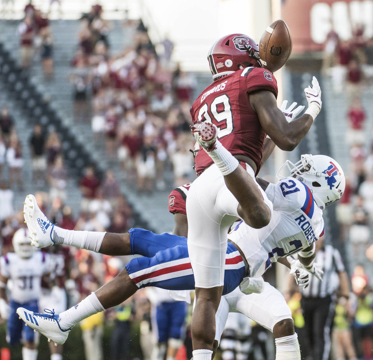 South Carolina wide receiver Bryan Edwards (89) catches a pass against Louisiana Tech cornerbac ...