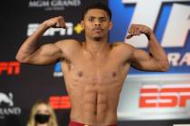 WBO featherweight champion Shakur Stevenson poses during his weigh-in Monday, June 8, 2020. (Mi ...
