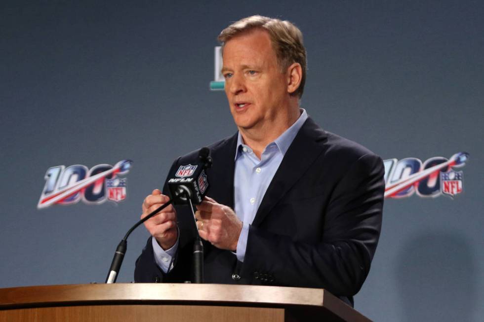 NFL Commissioner Roger Goodell speaks to media during his Super Bowl LIV news conference at the ...