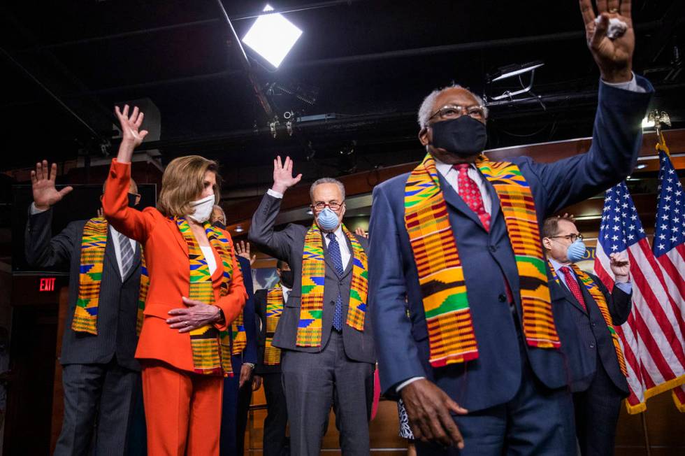 From left; House Speaker Nancy Pelosi of Calif., Senate Minority Leader Chuck Schumer, D-N.Y., ...