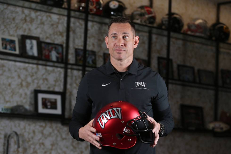 UNLV football head coach Marcus Arroyo is photographed in his office at the Fertitta Football C ...