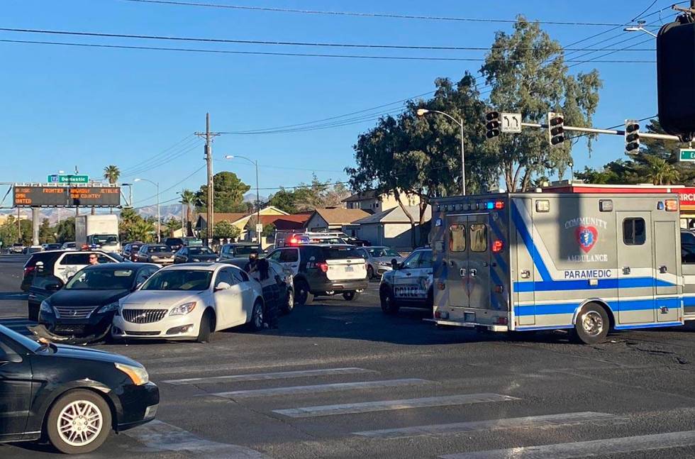 Three vehicles were wedged together at Eastern Avenue and East Russell Road in east Las Vegas o ...