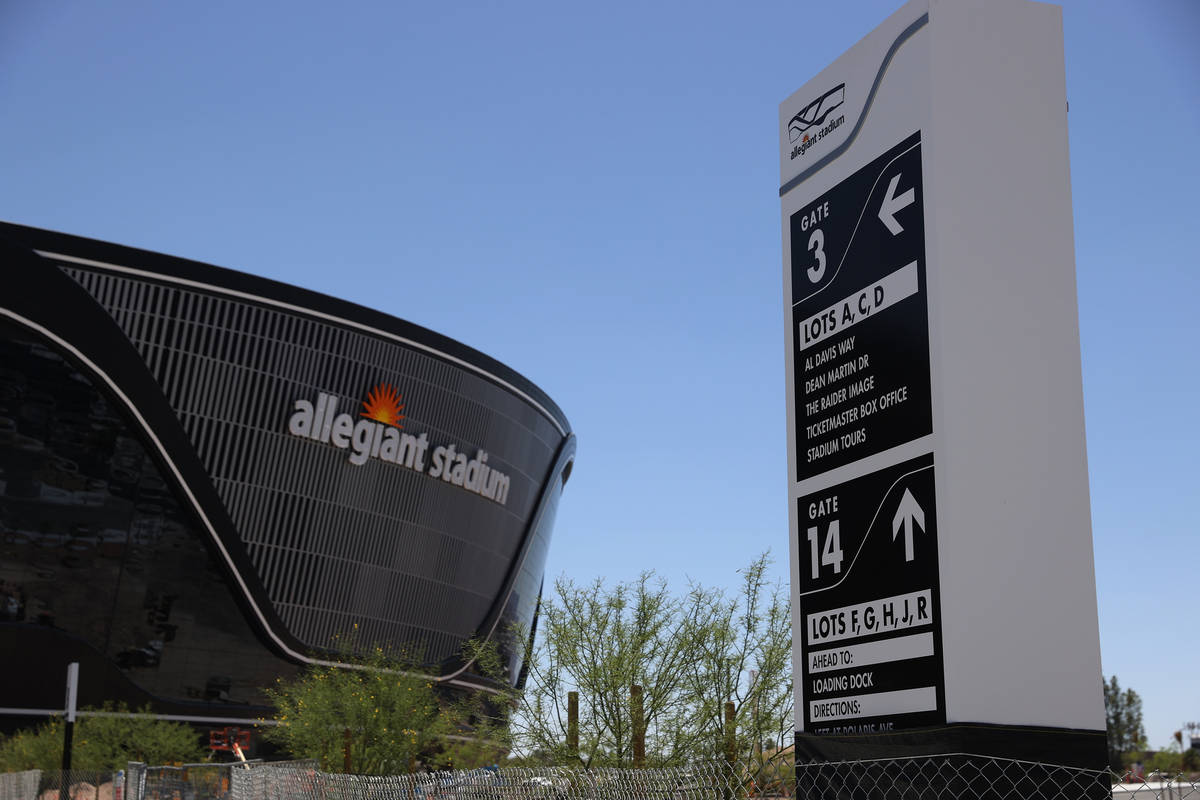 A newly installed Allegiant Stadium parking sign in Las Vegas, Saturday, May 23, 2020. (Erik Ve ...