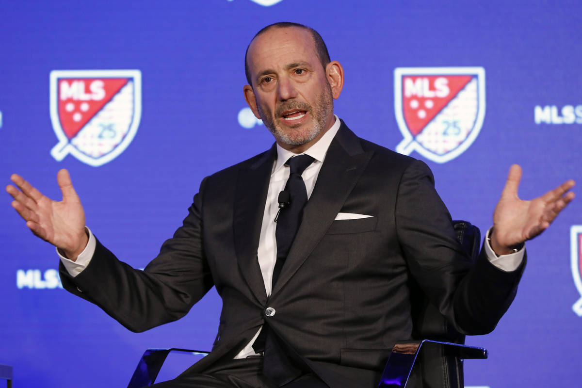 In this Feb. 26, 2020, file photo, Major League Soccer Commissioner Don Garber speaks during th ...