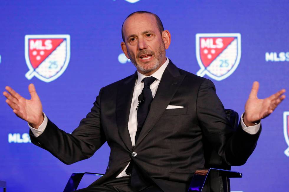 In this Feb. 26, 2020, file photo, Major League Soccer Commissioner Don Garber speaks during th ...