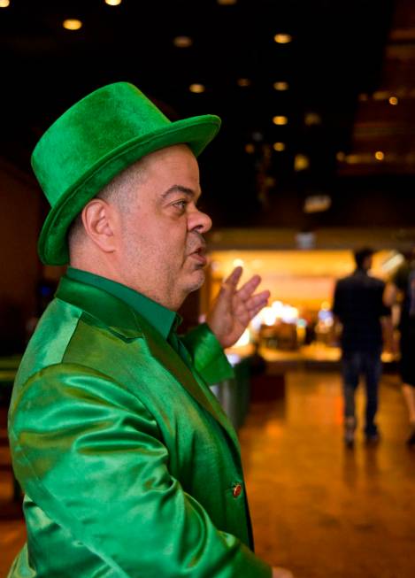 Brian Thomas, O'Sheas Casino manager and resident leprechaun, answers questions during an inter ...