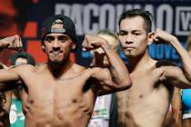 Nonito Donaire, right, of the Philippines, and Jessie Magdaleno pose during a weigh-in Friday, ...