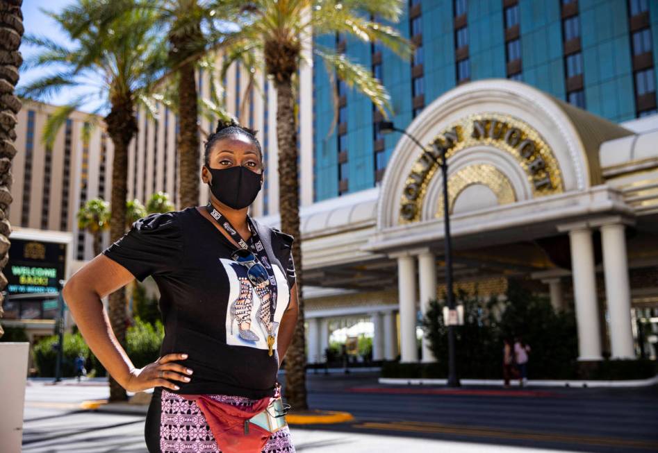 Shauna McQueen, a furloughed Golden Nugget employee, poses for a portrait outside of the Golden ...