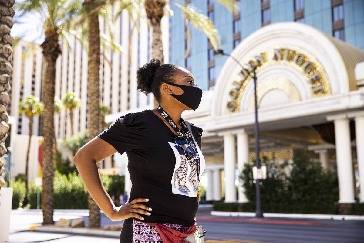 Shauna McQueen, a furloughed Golden Nugget employee, poses for a portrait outside of the Golden ...