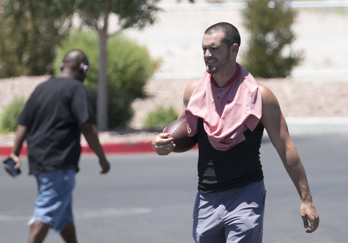 The Las Vegas Raiders quarterback Derek Carr is seen after an unofficial practice on Wednesday, ...