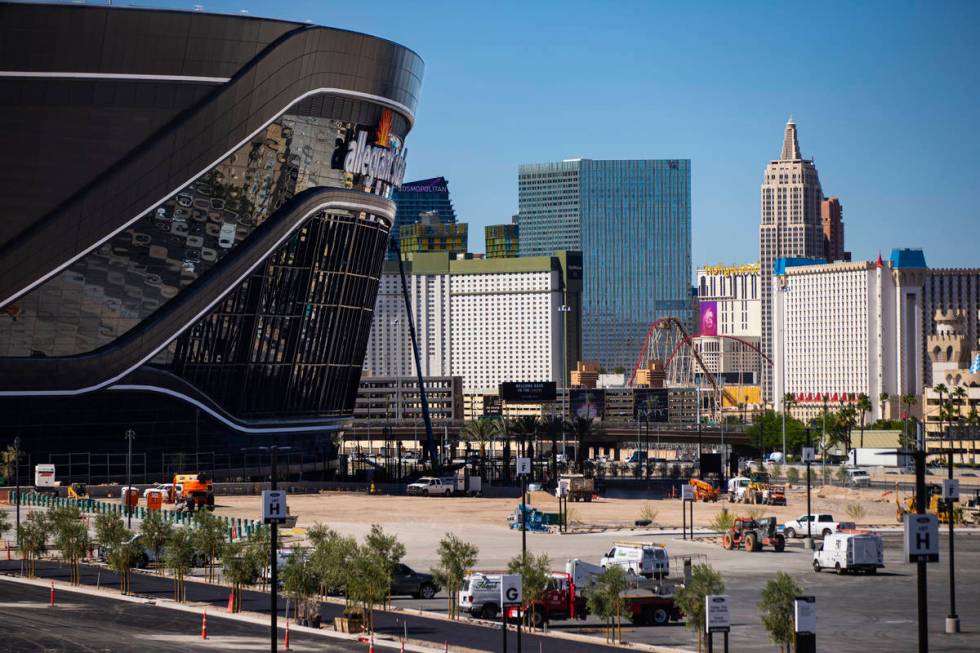 Construction continues on Allegiant Stadium in Las Vegas on Thursday, June 11, 2020. (Chase Ste ...