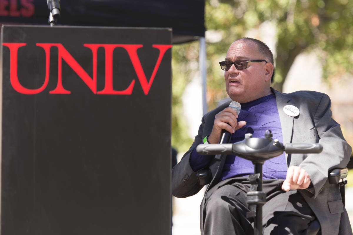 Sam Lieberman speaks during a presidential debate pep rally at UNLV in Las Vegas inn 2016. (Las ...