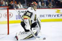 Vegas Golden Knights' Oscar Dansk in action during an NHL hockey game against the Philadelphia ...