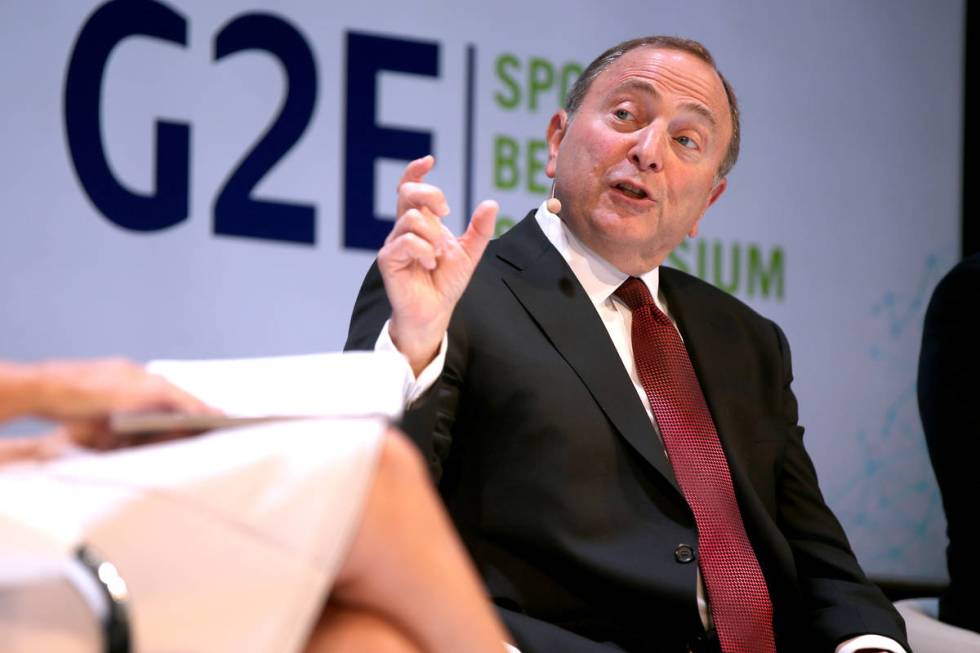 NHL commissioner Gary Bettman is interview by Contessa Brewer of CNBC Business News, on a sport ...