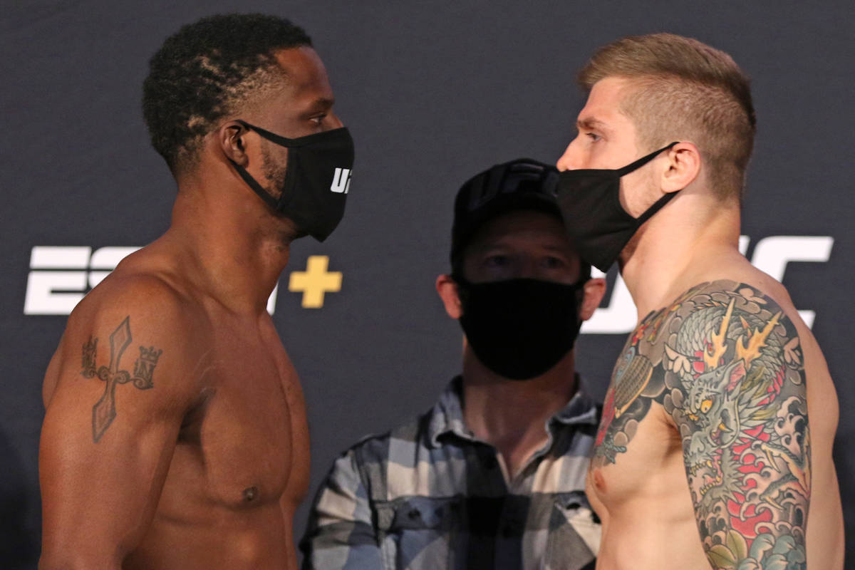 UFC middleweights Karl Roberson, left, and Marvin Vettori face off for their bout at UFC on ESP ...