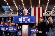 Joe Biden speaks during a caucus night event at IBEW local 357 in Las Vegas on Saturday, Feb. 2 ...