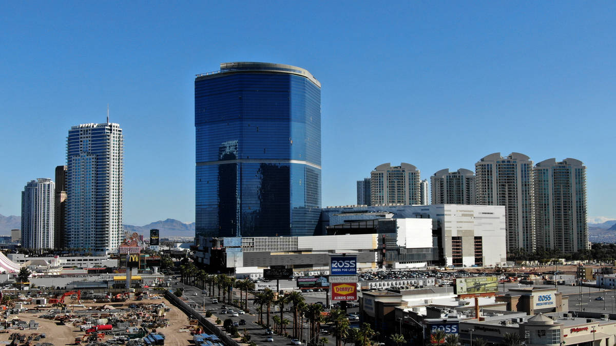 An aerial view of The Drew Las Vegas, center, formerly the Fontainebleau, as seen on Thursday, ...