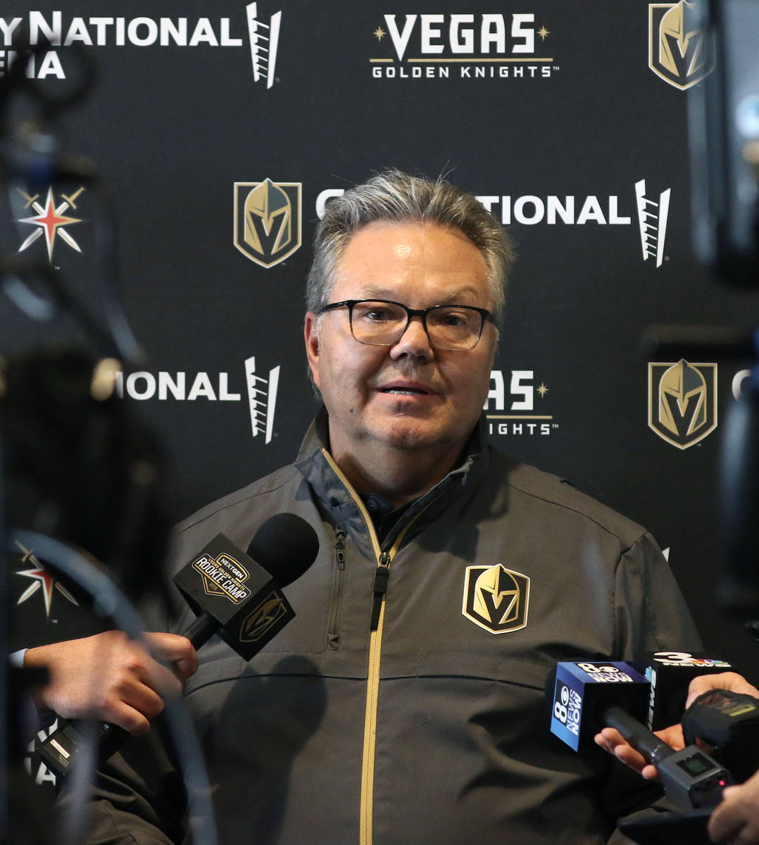 Kelly McCrimmon, Golden Knights general manager, speaks to the media at City National Arena on ...