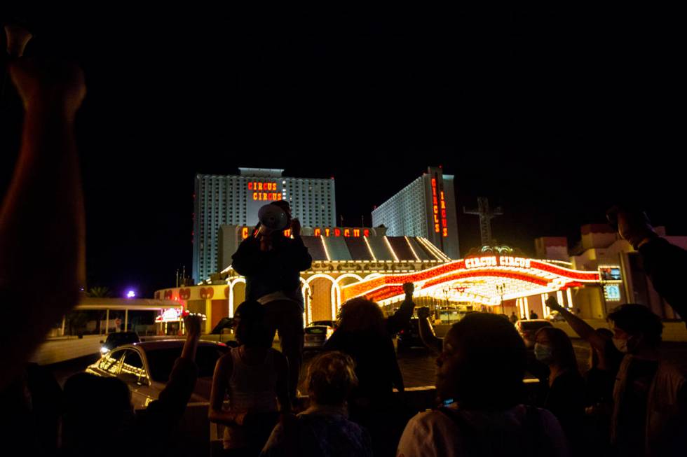 Porfirio Flores speaks to a crowd of Black Lives Matter protesters outside of Circus Circus in ...