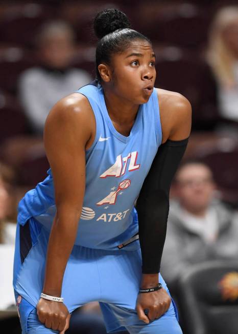 Atlanta Dream's Alex Bentley during the first half of a preseason WNBA basketball game, Tuesday ...