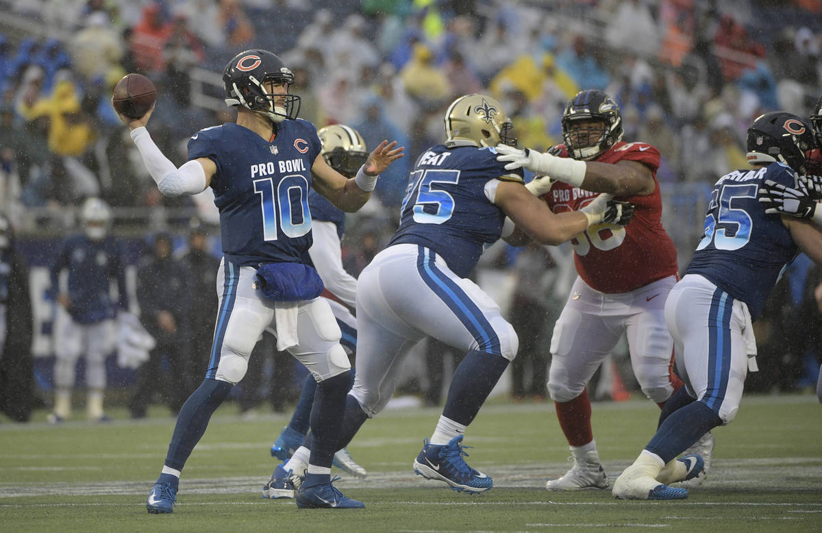 NFC quarterback Mitchell Trubisky (10), of the Chicago Bears fires a pass against the AFC durin ...