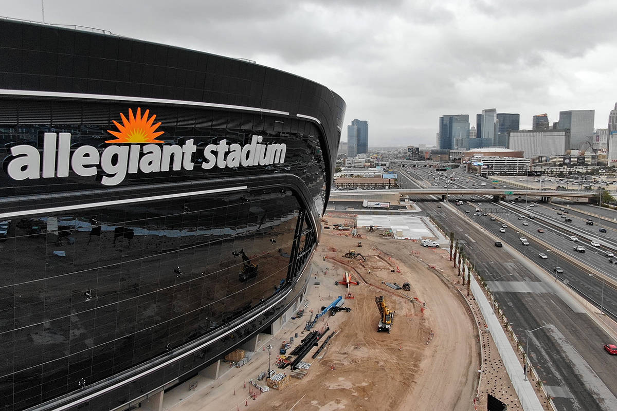 Aerial view of newly installed signage for Allegiant Stadium, future home of the Las Vegas Raid ...