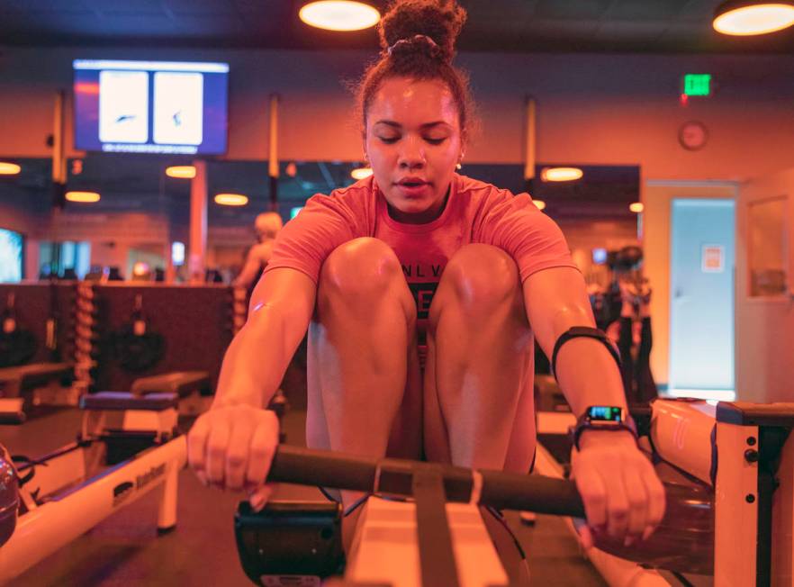 UNLV Rebel Girl dance member Makenna Pittman does a rowing circuit at Orangetheory Fitness loca ...