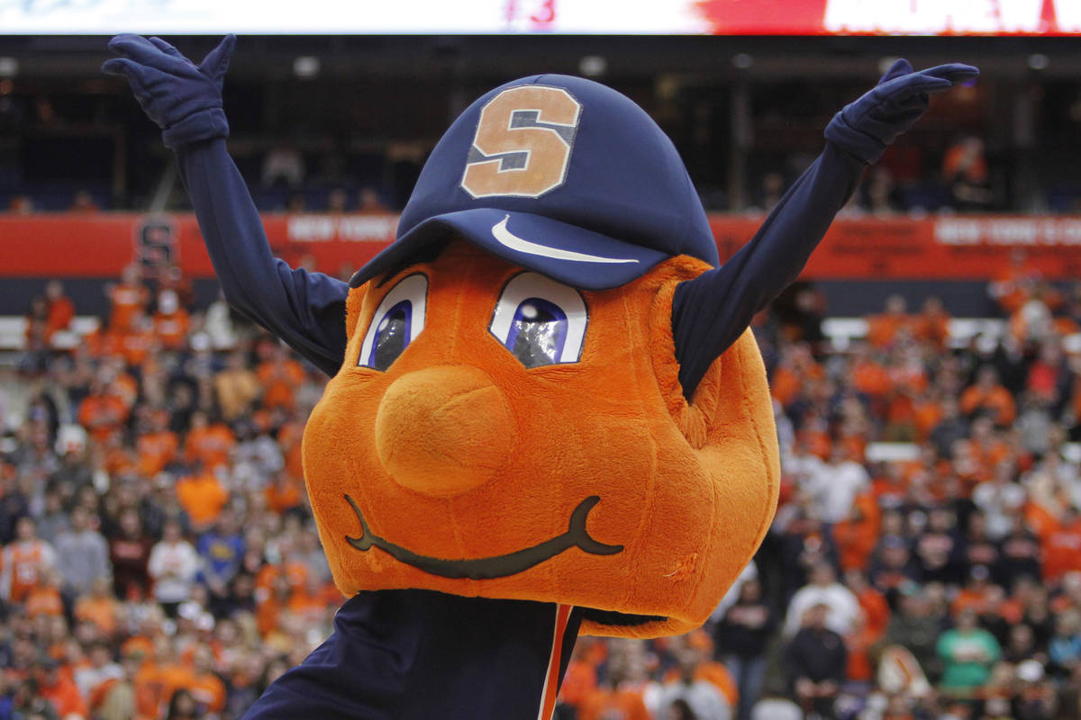 Syracuse mascot Otto the Orange before an NCAA college basketball game in Syracuse, N.Y., Satur ...