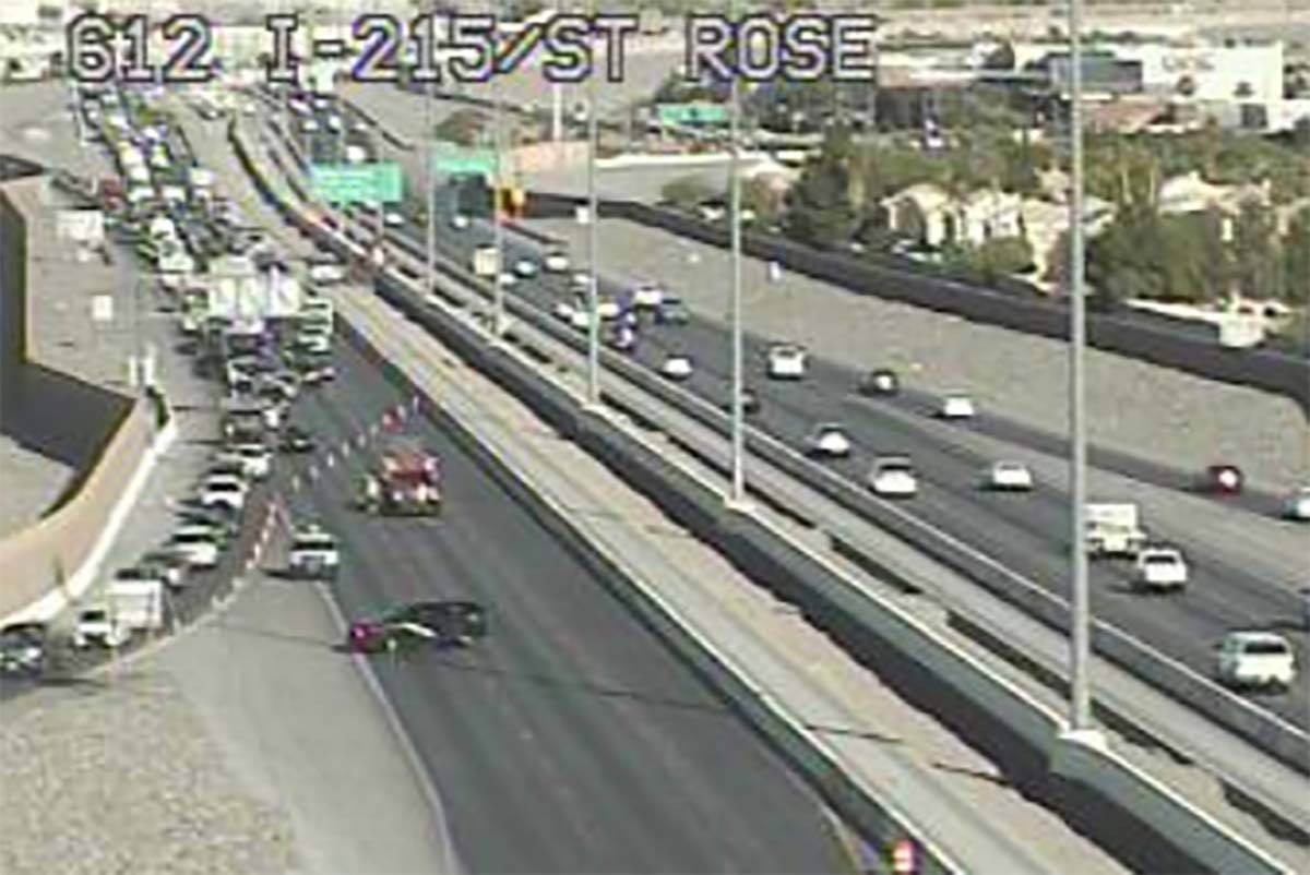 A crash on the 215 Beltway near Pecos Road has closed the eastbound lanes, Thursday, June 18, 2 ...