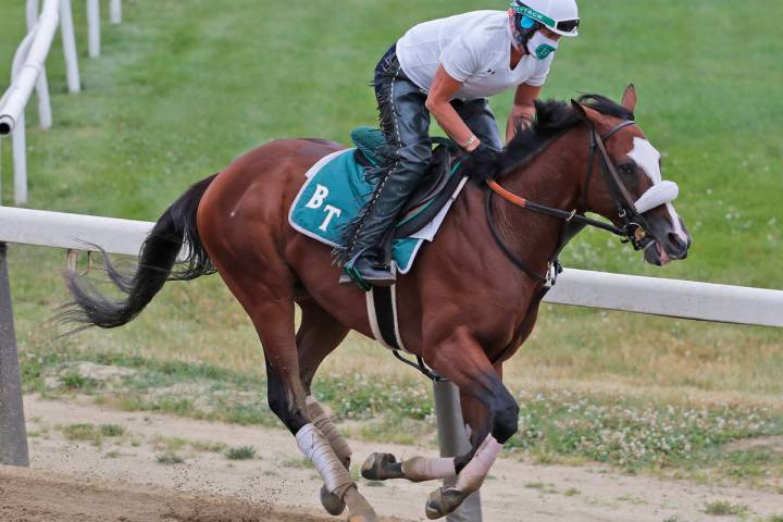 Robin Smullen rides Tiz the Law during a workout at Belmont Park in Elmont, N.Y., Thursday, Jun ...