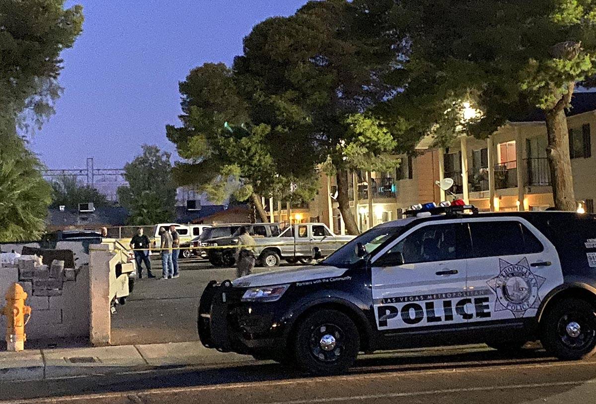 Las Vegas police on the scene early on Thursday, May 28, 2020, after a homicide was reported la ...