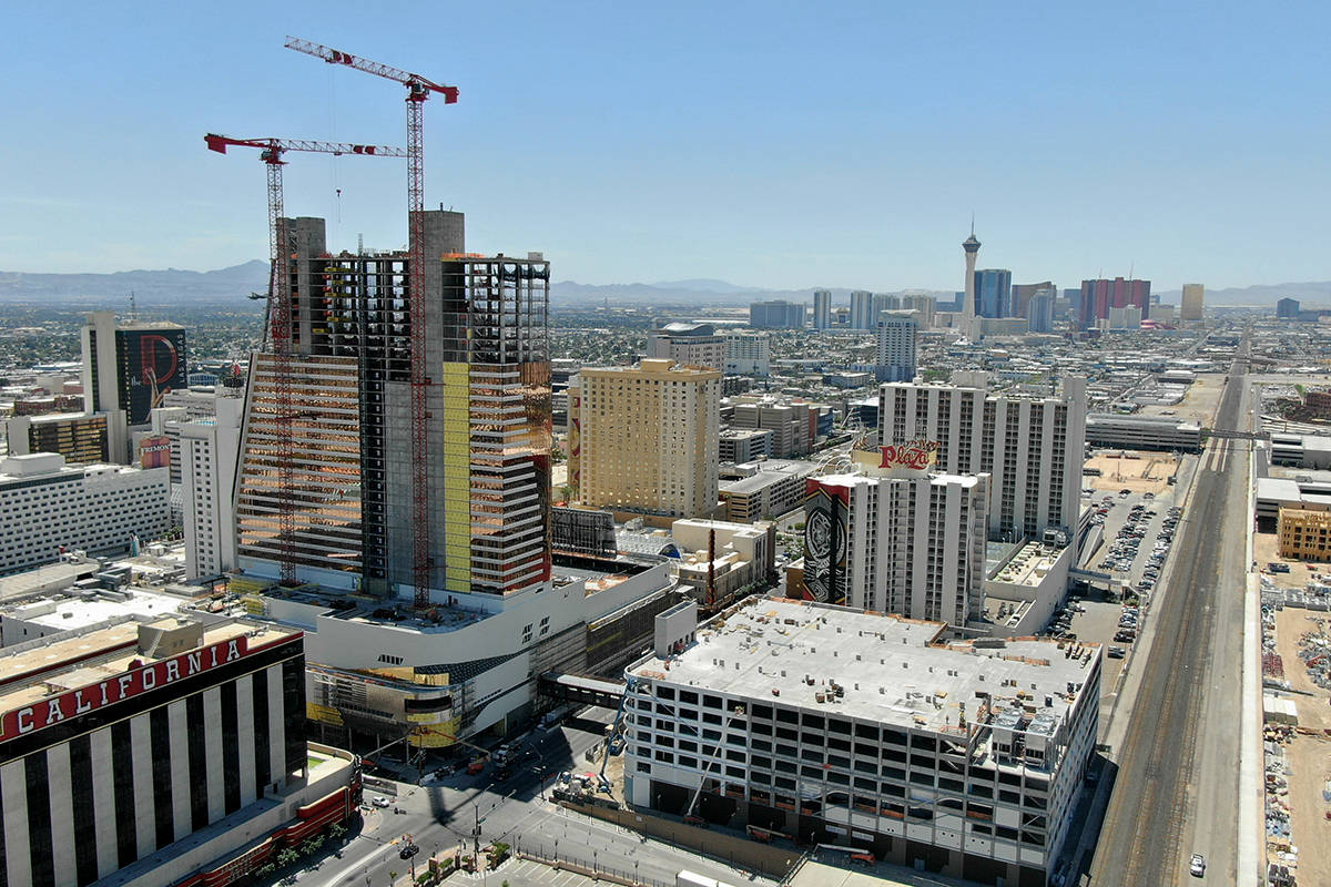 Aerial photo of construction at Circa and the “Garage Mahal” in downtown Las Vegas, May 13, ...