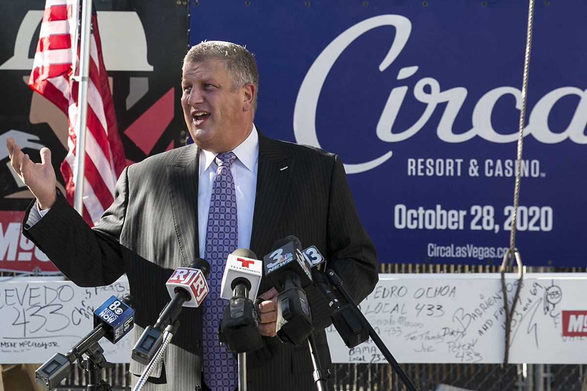 Derek Stevens, CEO and developer of Circa Resort and Casino, addresses the media before signing ...