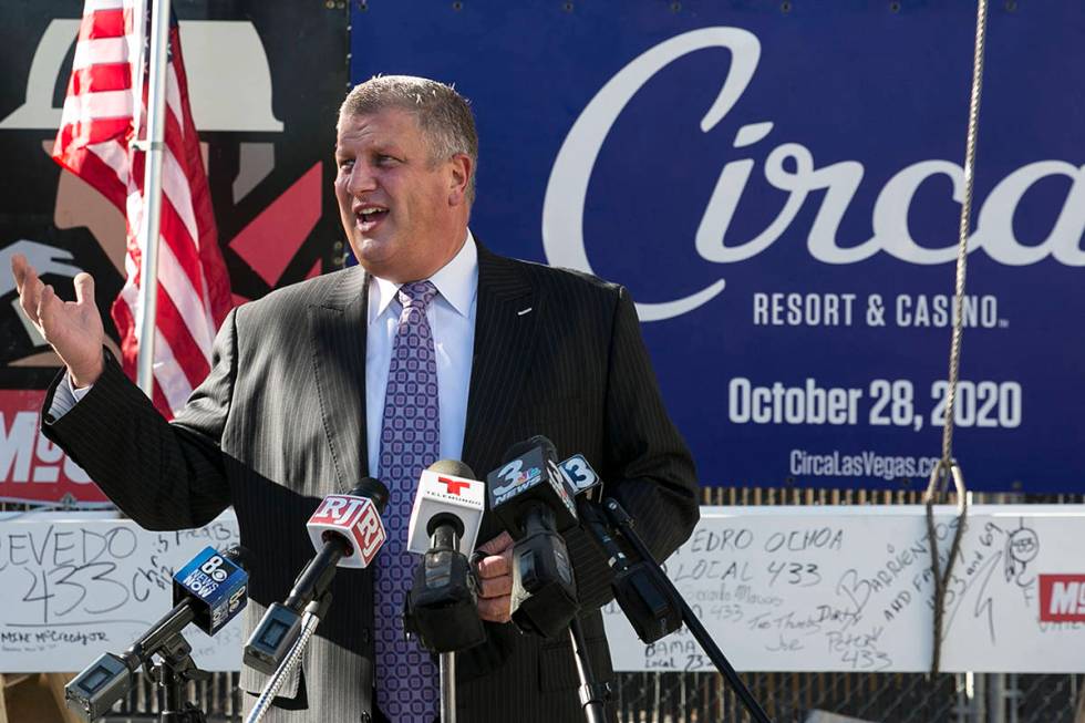 Derek Stevens, CEO and developer of Circa Resort and Casino, addresses the media before signing ...