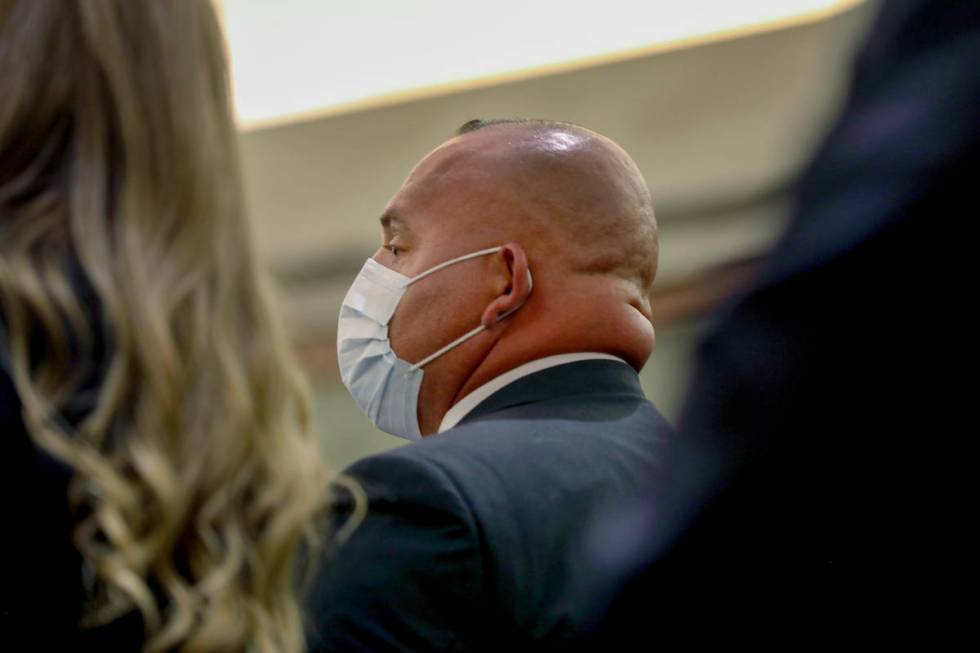 Las Vegas police Detective Lawrence Rinetti Jr, appears in court for a hearing at the Regional ...