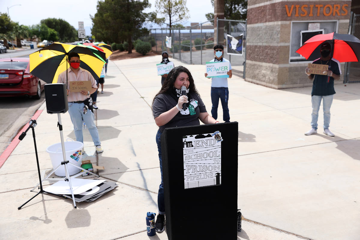Political organizer Bianca Balderez speaks during a protest organized by Make The Road Nevada t ...