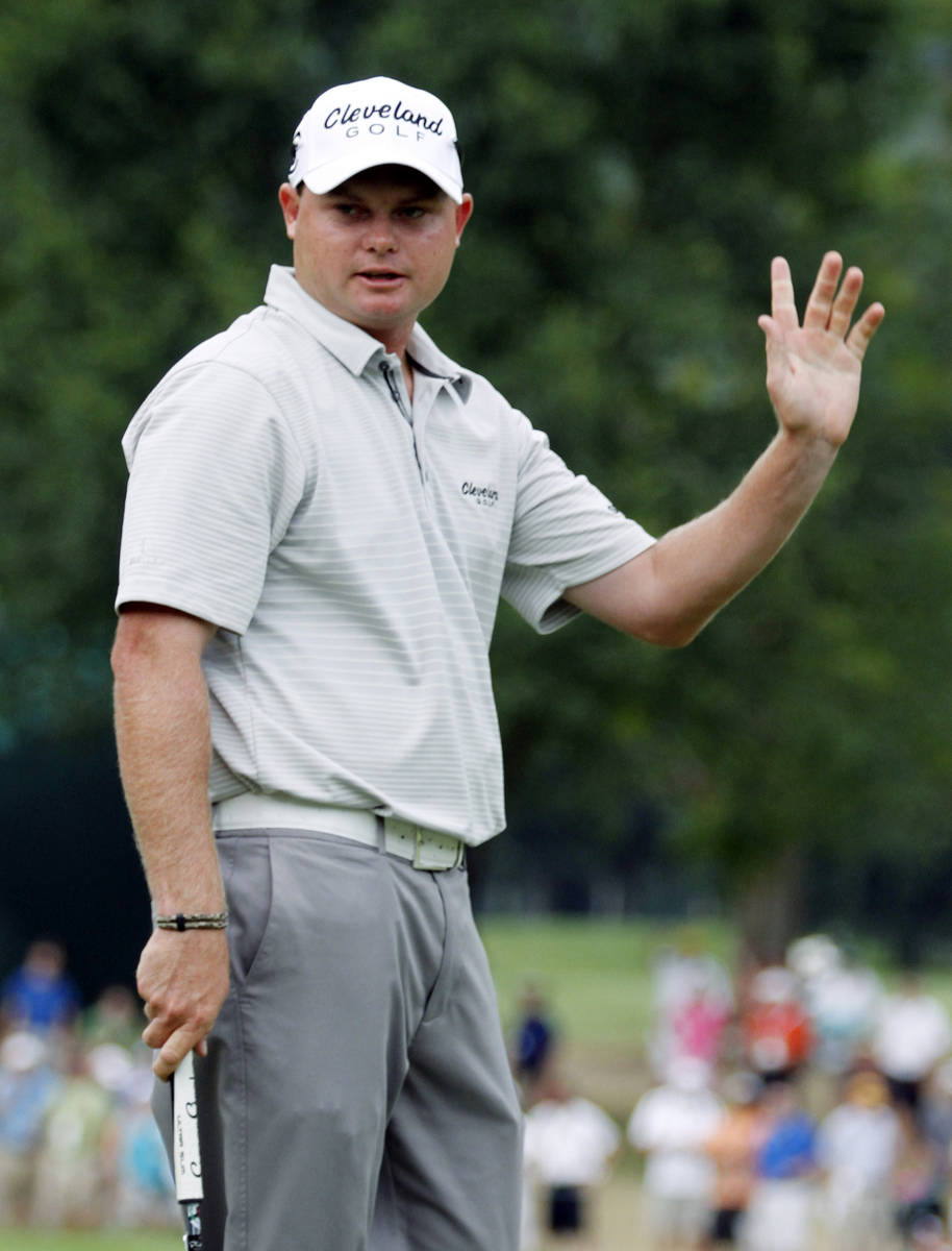 Ted Potter Jr. waves to the crowd as he celebrates winning the Greenbrier Classic PGA Golf tour ...