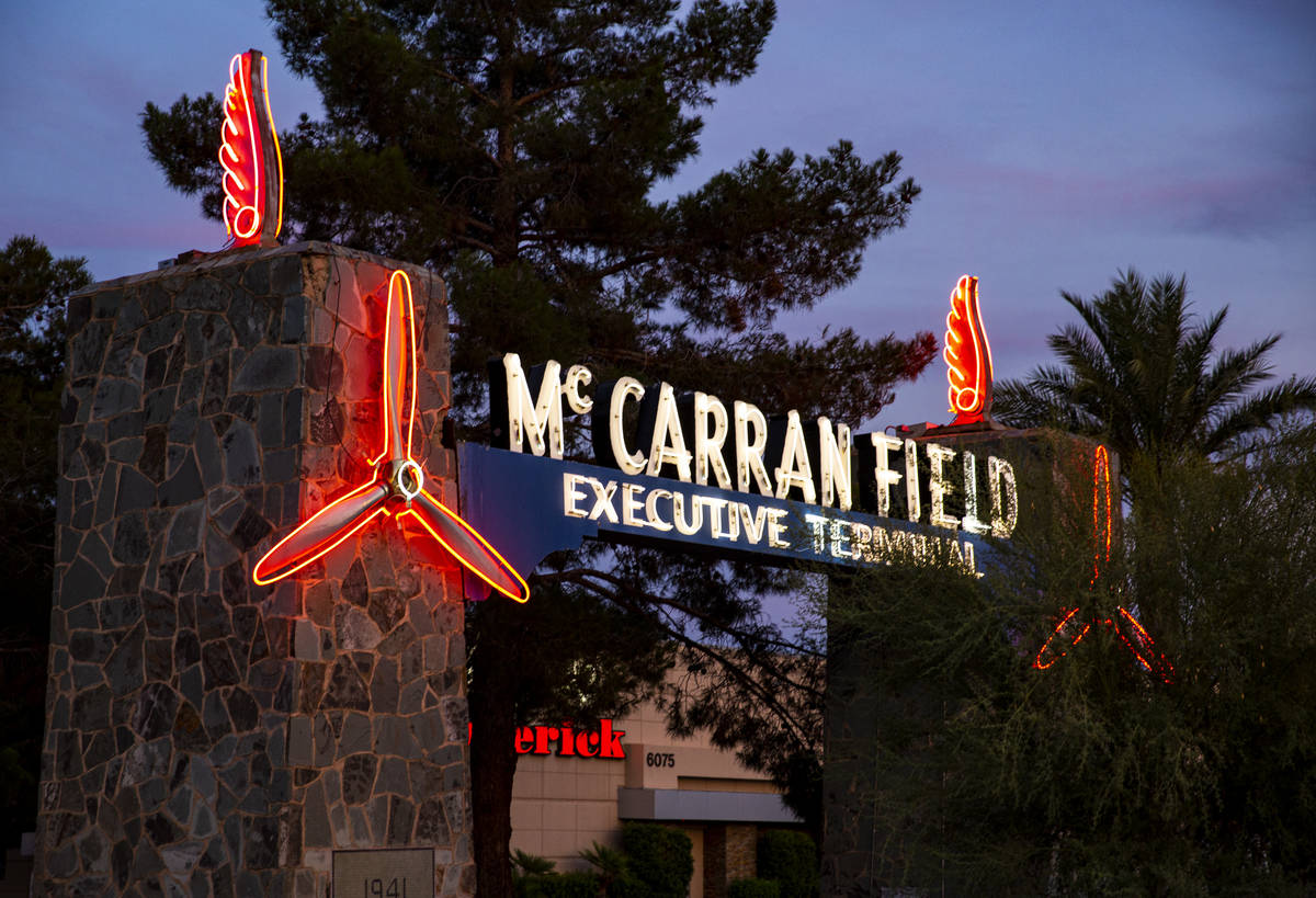 A view of the McCarran Field Executive Terminal neon sign by McCarran International Airport in ...