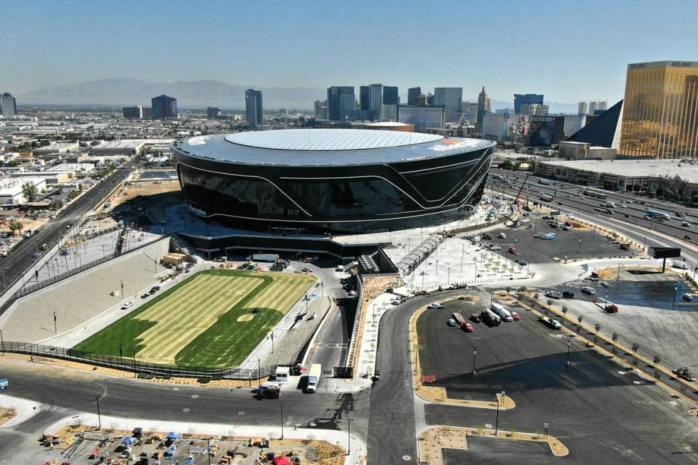 Aerial view of Allegiant Stadium and the natural grass field tray on Thursday, June 25, 2020. ( ...