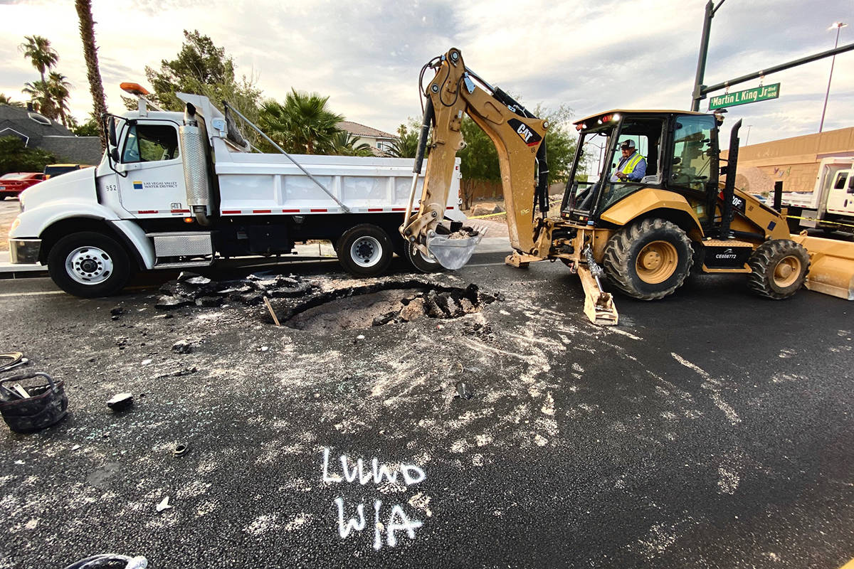 A sinkhole at Oakey and Martin Luther King boulevards appeared Thursday, June 25, 2020. The hol ...