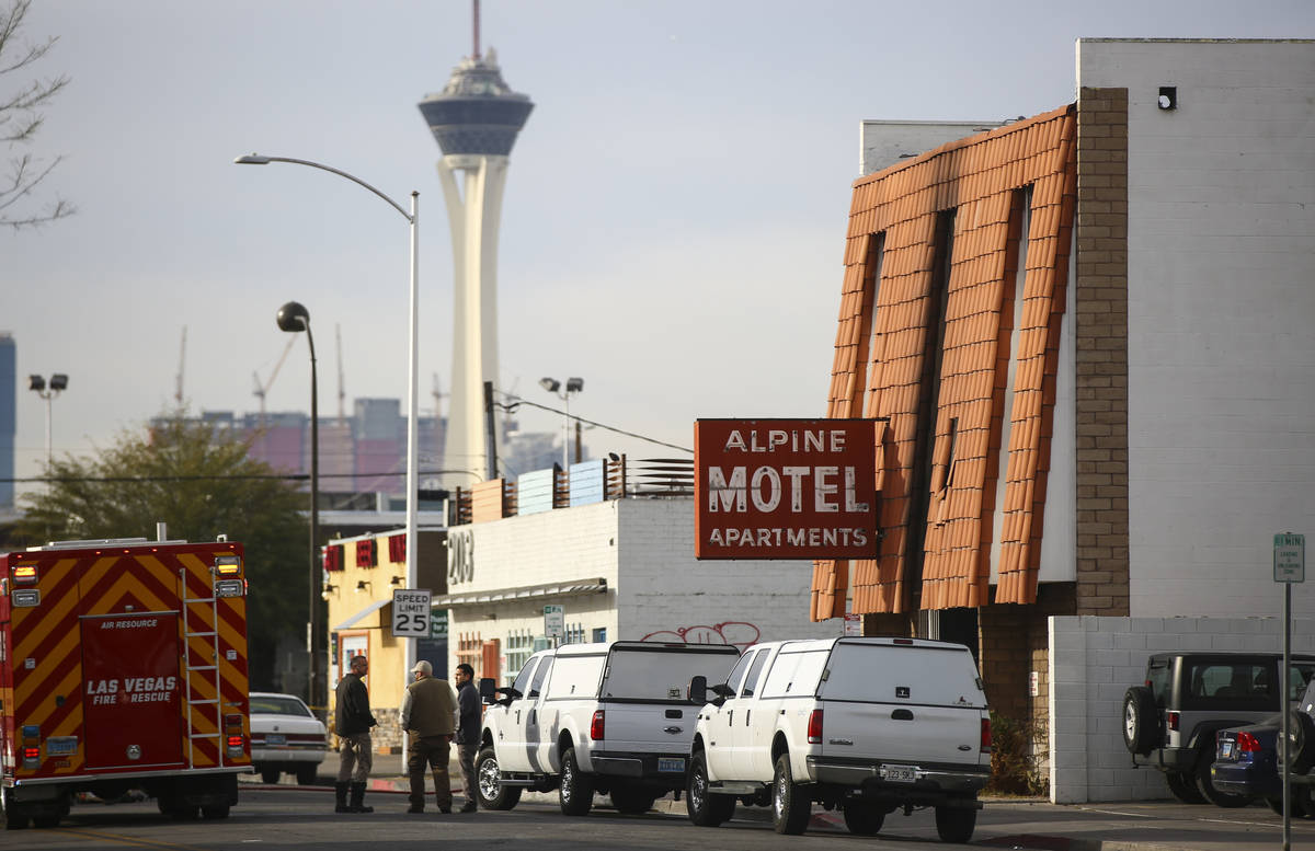 Las Vegas firefighters respond to the scene of a fire at the Alpine Apartment Motel that left 6 ...