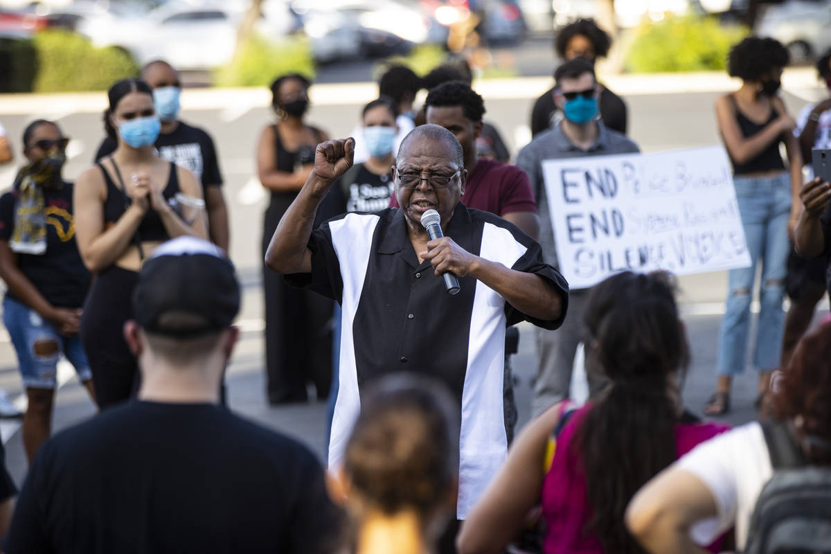Former Assemblyman Gene Collins speaks during a Black Lives Matter rally at the Sawyer Building ...