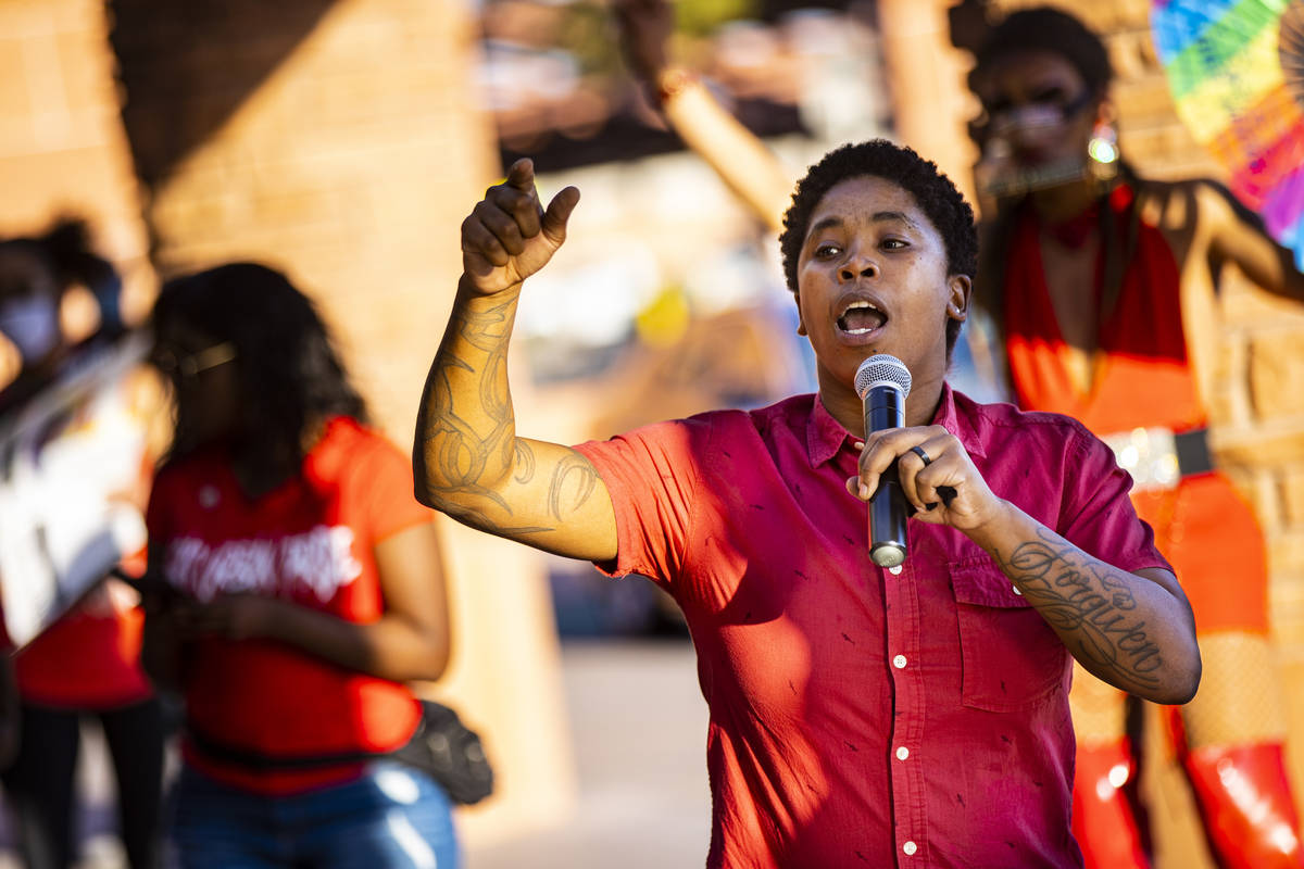 State Sen. Dallas Harris speaks before a silent solidarity march in support of Black Lives Matt ...