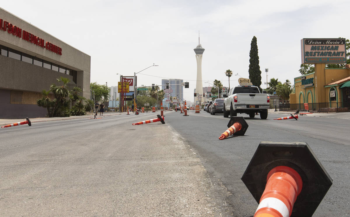 Traffic cones are knocked down by windy weather on Las Vegas Boulevard on Sunday, June 28, 2020 ...